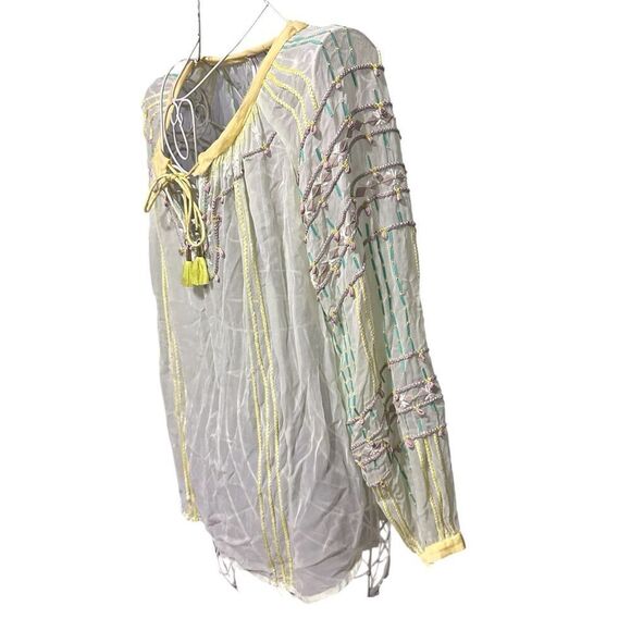 Beautiful Blank London Women Green Long Sleeve Blouse Sheer Embroidered Peasant - Picture 4 of 15